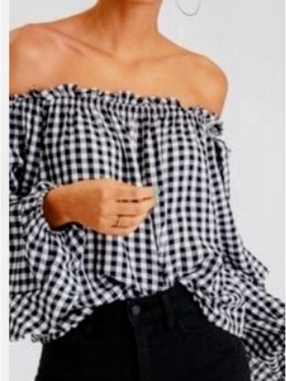 American Eagle Outfitters Black and White Gingham Off-Shoulder Blouse